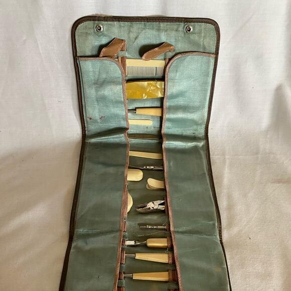 Antique 1900-1920 Tooled Leather Celluloid Travel Manicure Set Snap close - Picture 7 of 9